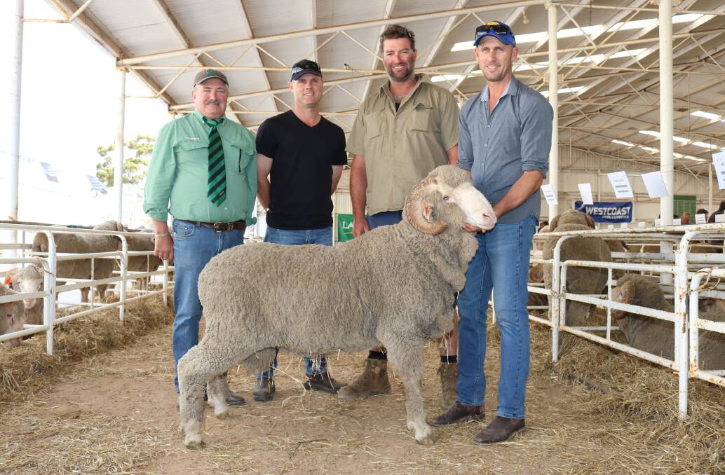 With the $3300 top-priced ram of the Wagin Breeders' ram sale, sold by Kingussie stud, Dumbleyung, were Landmark auctioneer Peter Foley (left), Troy Smith, Kingussie, Dumbleyung, buyer Ricky Mott, Dumbleyung and Shayne Smith, Kingussie, Dumbleyung.