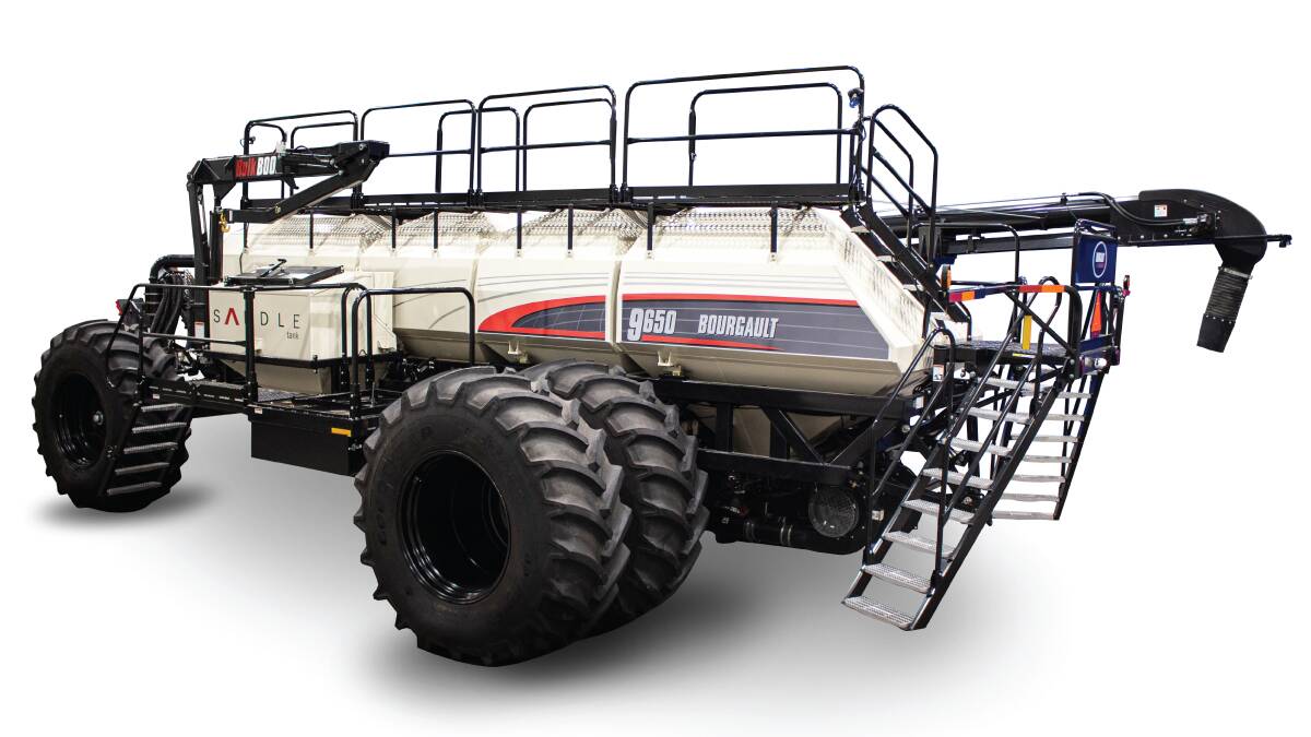 The new 9650 Bourgault air seeder features four bins with a total capacity of 22,900 litres. The company's biggest model is the 91300 with a four-bin capacity of 45,790L.