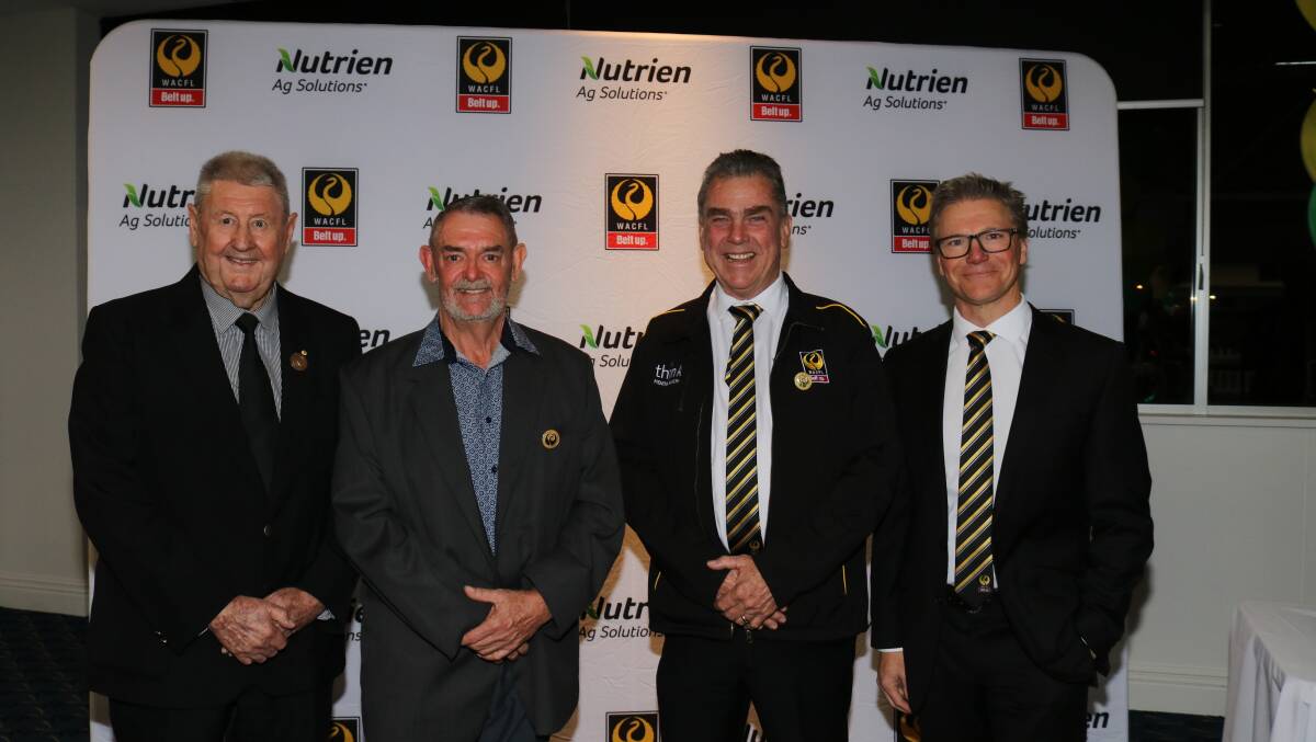 WACFL patron and life member Ken Baxter (left), presented life membership badges to Milton Milloy, Morawa and John Shadbolt, Mukinbudin, watched by WAFC executive manager country football, affiliates and facilities Tom Bottrell.