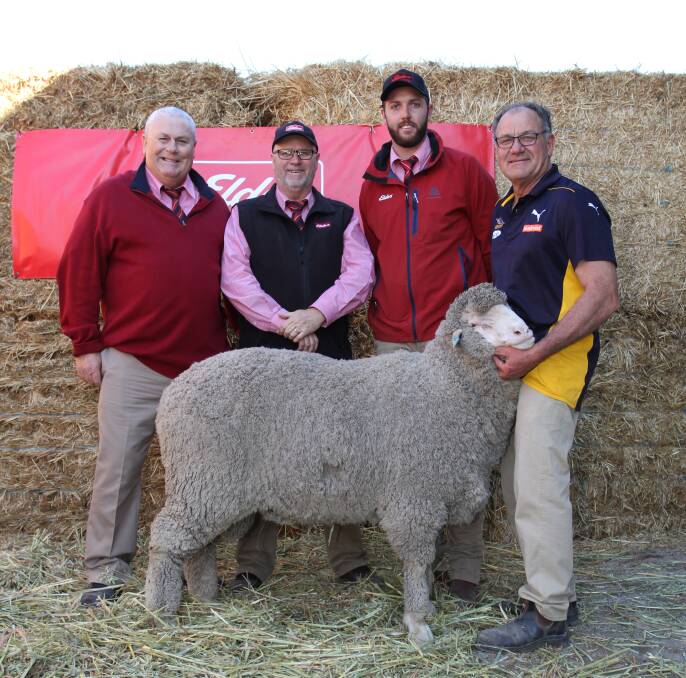 With the $4000 top-priced Poll Merino ram at the Cardiff ram sale purchased by the Dempster family's Grass Valley stud, Grass Valley, were Kevin Broad (left), Elders stud stock, who represented the buyers at the sale, Don Morgan, Elders stud stock auctioneer, Steele Hathway, Elders auctioneer and Corrigin representative and Quentin Davies, Cardiff stud.