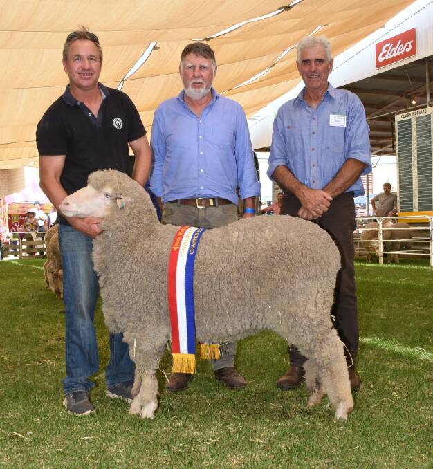 Quailerup West co-principals Grantly (left) and Rob Mullan, Wickepin, were congratulated by judge Chris Hogg, Williams, on exhibiting the champion medium wool Merino ewe.