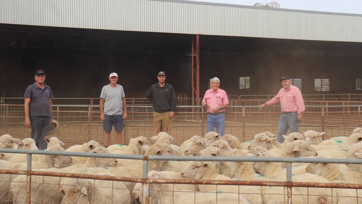 Tony (left), Simon and Oscar York, Anameka Farms, Tammin, Elders Kellerberrin agent Adrian Gamble and Elders Northam assessor Lynton Saunders, with the line of $304 ewes.