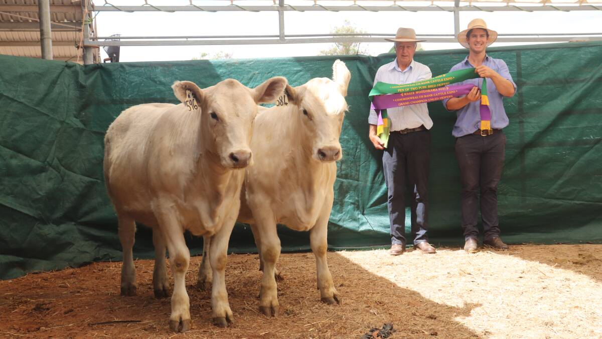 With the grand champion pair of unled heifers and champion purebred unled heifers were these Murray Greys exhibited by the Southend Murray Grey stud, Katanning. With the winning heifers were Southend stud principal Kurt Wise (right) and judge Gary Buller, Monterey stud, Karridale.