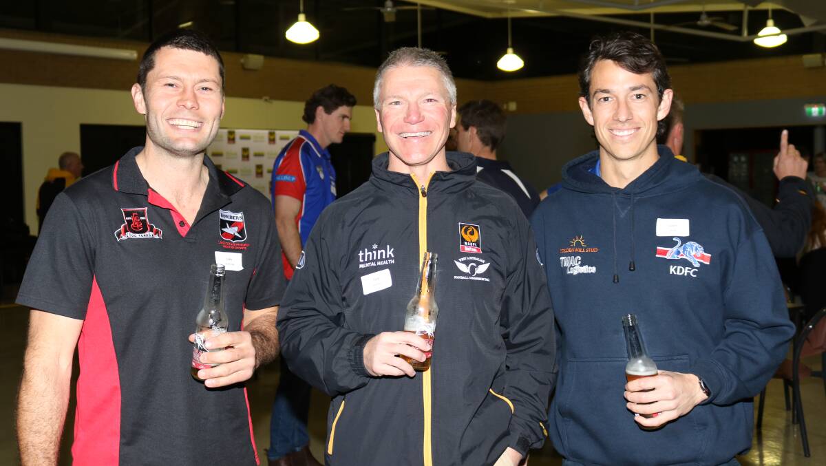 Lake Grace-Pingrup Bomber Luke Bairstow (left), taking his fairest and best winning form at the recent country football championships into the team, was with WAFC country football executive manager Tom Bottrell and WA team mate Justin Joyce, Kukerin-Dumbleyung Cougars.