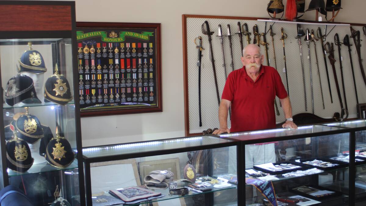 Beverley cattle producer John Burridge in his military antiques shop in Swanbourne, Perth, where he has on display a range of historical items for sale.   Collectors from all over the world contact him to purchase items, some paying thousands of dollars to have the real thing, rather than a replica.