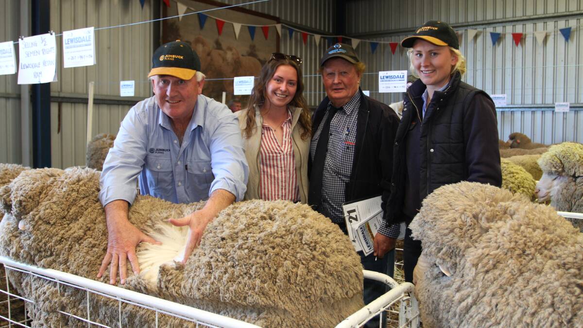  Long-time Lewisdale client Steve Fowler (left), Jumbuck Plains, Esperance, with his daughters Ella-Rose and Olivia caught up with Lewisdale stud principal Ray Lewis, Wickepin, before the Lewisdale ram sale. The Fowlers purchased six August shorn 2017-drop stud rams to a $4400 top price.