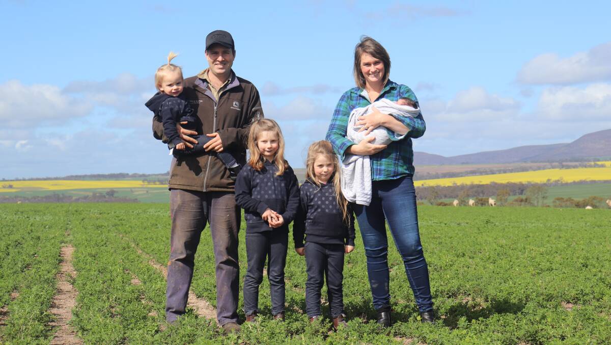 The O'Meehan family - Myles (left) daughters Annabelle, Maggie, Lilly, wife Emily and son Max at Caralinga Farms, Borden.