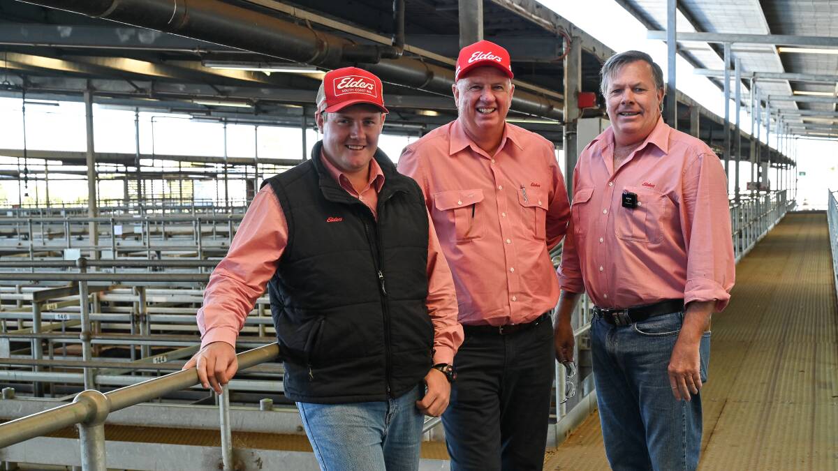 Congratulating Elders auctioneer Pearce Watling (left), who recently returned from the Sydney Royal Easter show after representing WA extremely well at the Australian Livestock & Property Association (ALPA) National Young Auctioneers Competition was Elders WA commercial cattle manager Michael Longford and Elders auctioneer Graeme Curry.