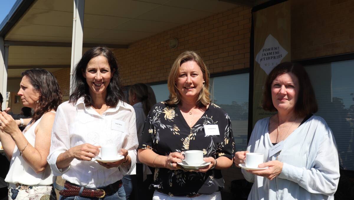  Having a chat over a tea or coffee were farmers Sarah Wiese (left), Highbury, with Lisa Bradford and Libby Newman, from Cuballing.