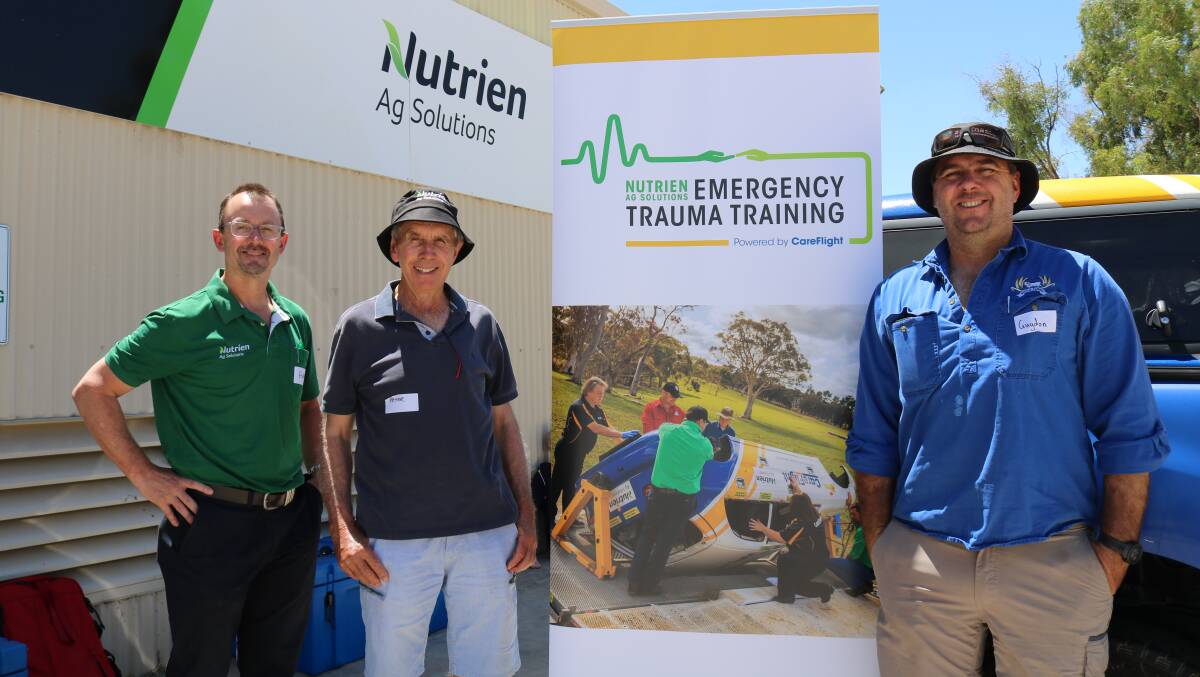 Attendees at the Nutrien Ag Solutions sponsored emergency trauma care training day held at its York branch and facilitated by CareFlight included Nutrien Ag Solutions region manager west, Andrew Duperouzel (left), with local farmers Peter Boyle and his son Guydon.