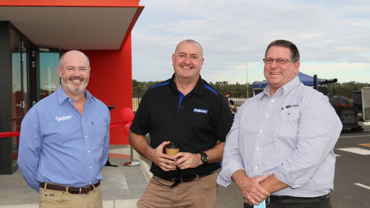 Supplier representatives at the Elders Muchea branch opening included Cyclone national sales manager Darrin Hills (left), Philmac territory manager Keiran Drage and Gallagher regional sales manager Craig Moynihan.