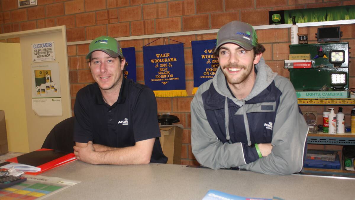 AFGRI Equipment territory sales manager parts sales representatives Dillon James (left) and Quinn Schmook at their Wagin premises.