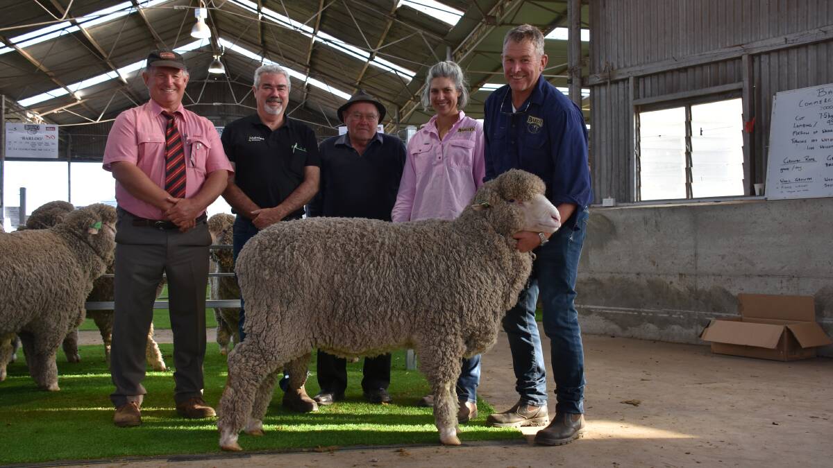 Prices at the Barloo/Willemenup on-property ram sale at Gnowangerup last week topped at $12,500 for this Barloo Poll Merino sire when it was purchased by the Trevino stud, Southern Cross. With the ram were Elders stud stock representative Russell McKay (left), Nutrien Wool representative Mark Screaigh and Bob Bratten, who purchased the ram for Trevino and Barloo stud principals Cindy and Richard House.