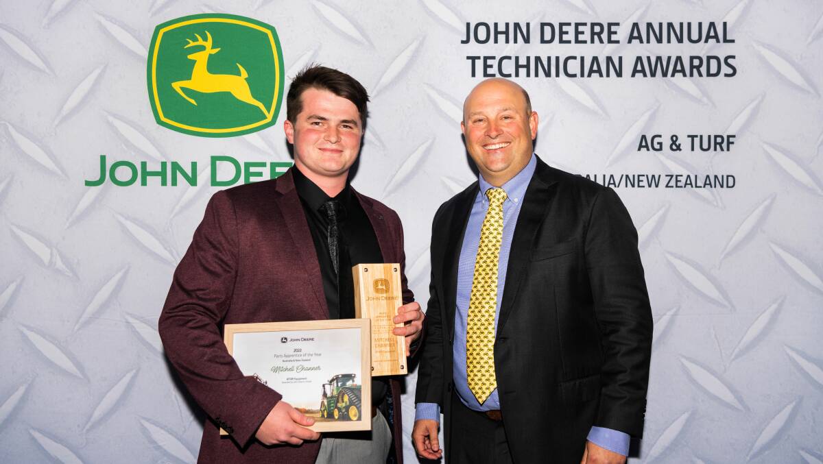 John Deere Parts Apprentice of the Year, Mitchell Channer (left) from AFGRI Equipment, South Guildford, with John Deere Australia and New Zealand managing director, Luke Chandler, at Fridays awards night in Queensland.