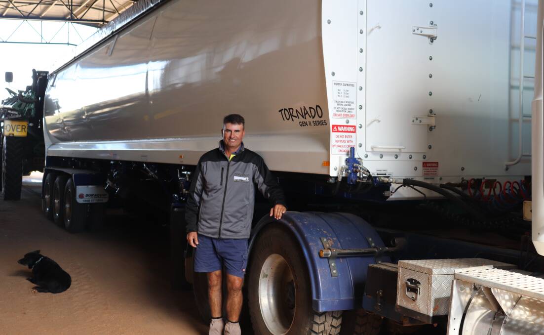Beverley farmer Duncan Young with his new Duraquip Tornado Gen II Series trailer parked up in his shed. Mr Young was impressed with the custom build which will reduce the number of trucks needed in the paddock from two to one.