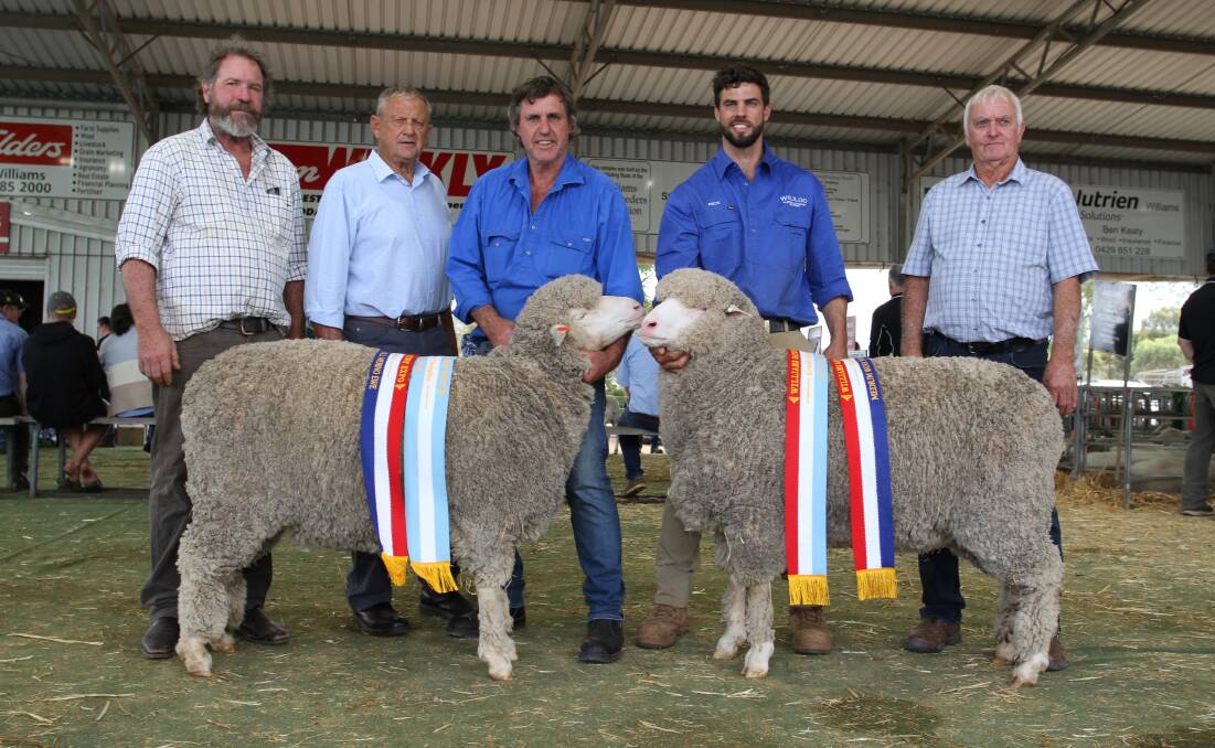 The Wise family, Wililoo stud, Woodanilling, exhibited the champion ewe of show and grand champion Poll Merino ewe and reserve grand champion Poll Merino ewe. With the champion strong wool Poll Merino ewe (reserve grand champion, left) and champion medium wool Poll Merino ewe (grand champion) were judges Iain Nicholson (left), Boorabbin and Colvin Park studs, New Norcia, Rod Norrish, Angenup stud, Kojonup, Wililoo stud principals Clinton and Rick Wise and judge Ray Edmonds, Calingiri.