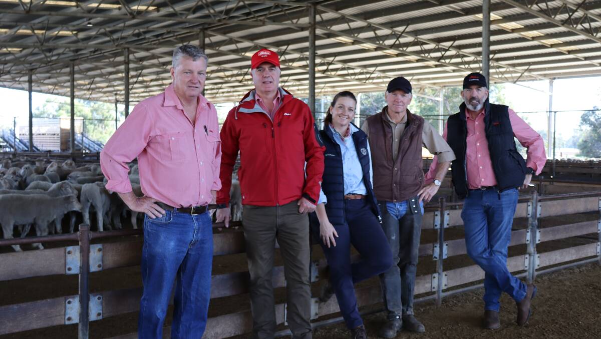 Elders commercial sheep manager Mike Curnick (left), Elders State general manager WA Nick Fazekas, Emanuel Exports corporate governance and compliance officer Holly Ludeman, Emanuel Exports export services manager John Edwards and Elders State livestock and wool manager Dean Hubbard.