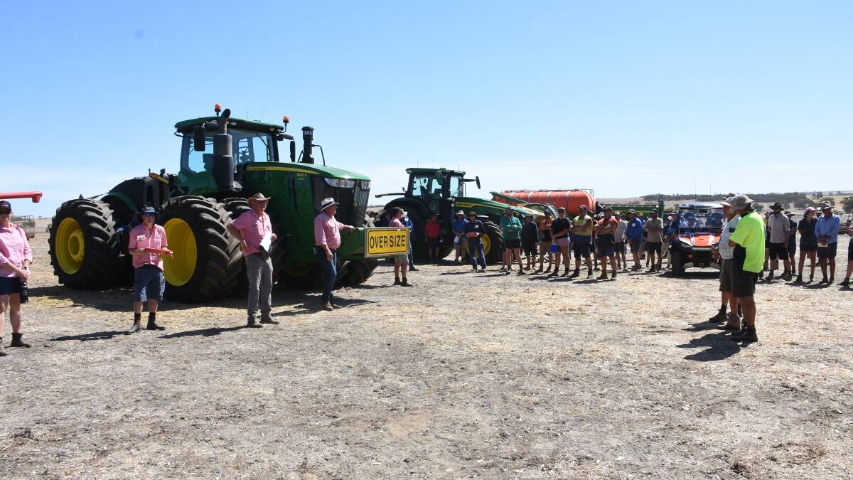 The Elders selling team lead by auctioneer Graeme Curry selling the 2020 John Deere 9520R four-wheel drive tractor which sold for the days $510,000 top price to a Calingiri buyer.