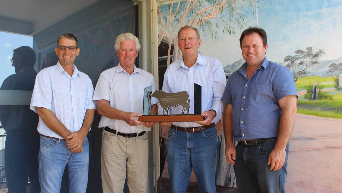 The late Lew Smit (second right), formally of Koojan Hills Angus stud, Kojonup, receiving one of his three WA Angus Society's Strathtay Trophies and 50-year membership award from Angus Australia in 2016 from Tony Sudlow (left), Kapari Angus stud, Northampton, former Strathtay Angus principal John Young, Narrogin and Andrew Kuss, Allegria Park Angus stud, Esperance.