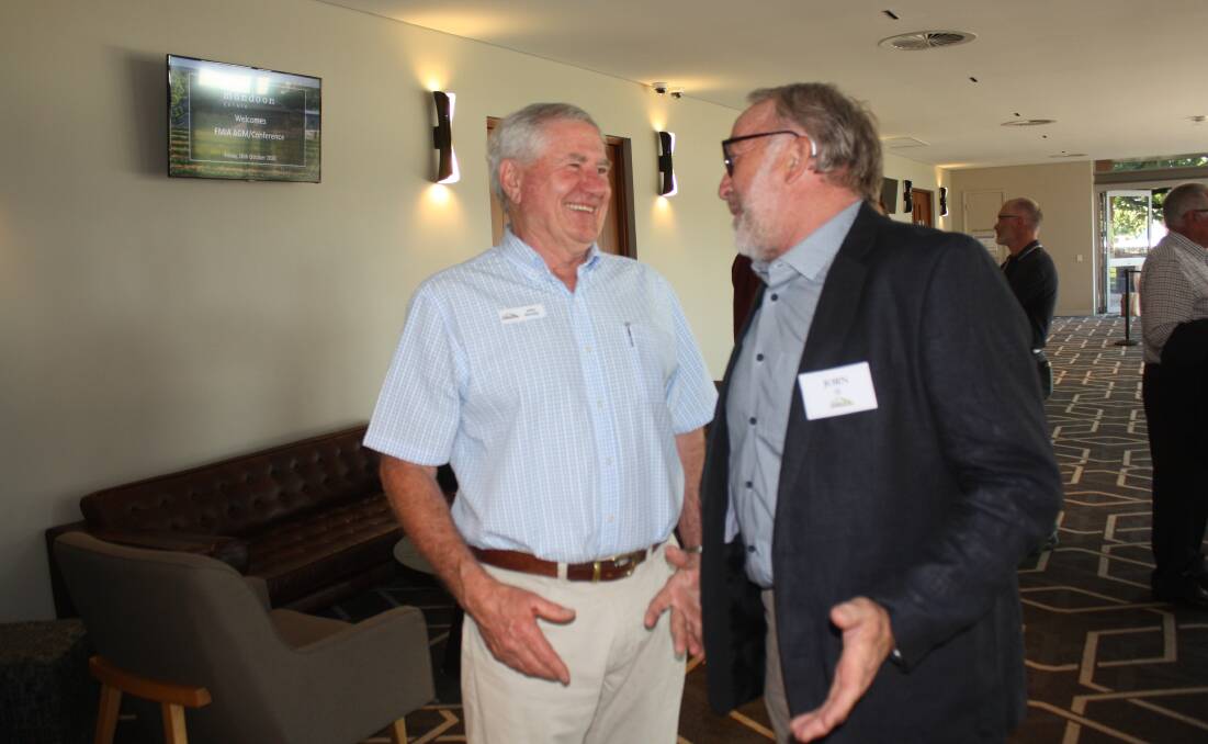 Farm Machinery & Industry Association executive officer John Henchy (left) with Danmas director Jorn Ib at last Friday's FMIA annual general meeting.