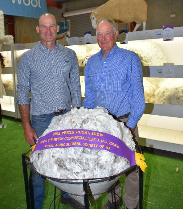 With the grand champion commercial fleece exhibited by the Rintoul family, Tilba Tilba stud, Williams, were stud principals Andrew (left) and Stuart Rintoul.