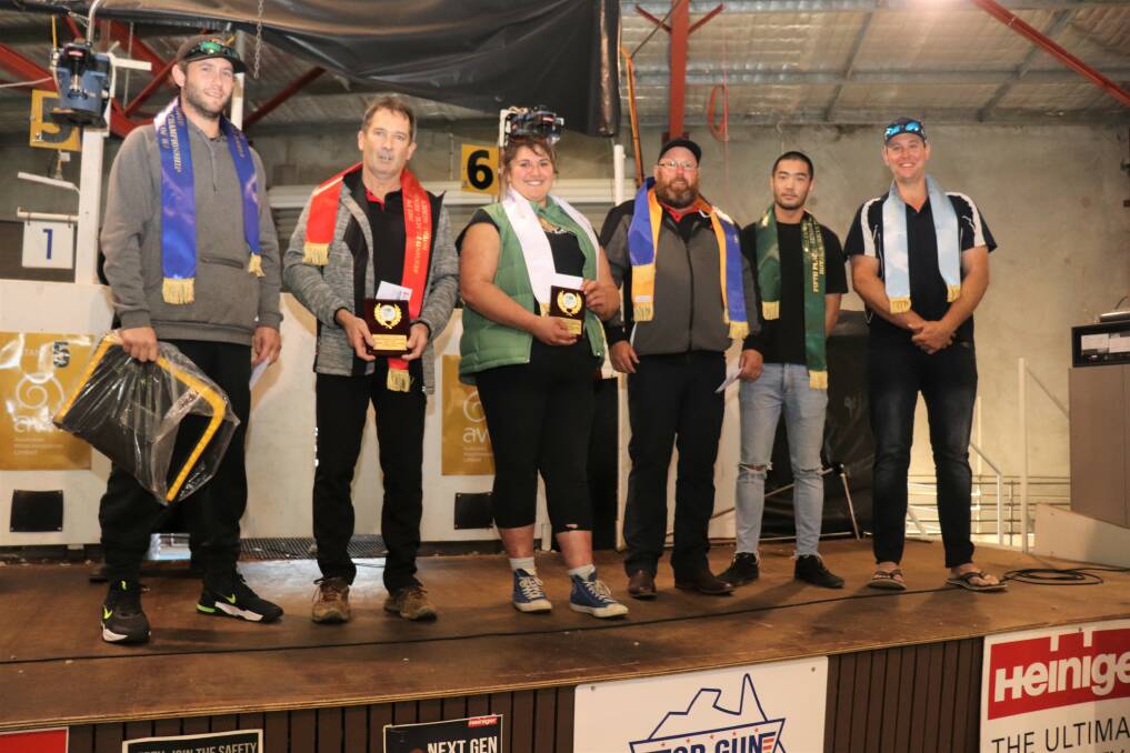 Senior shearing finalists, Jason Moorehead (left), first for the second year in a row, Kevin Dawson second, Emily Tekapa third, Warren Uren fourth, Robert Stewart fifth and Vaughan Baker sixth.