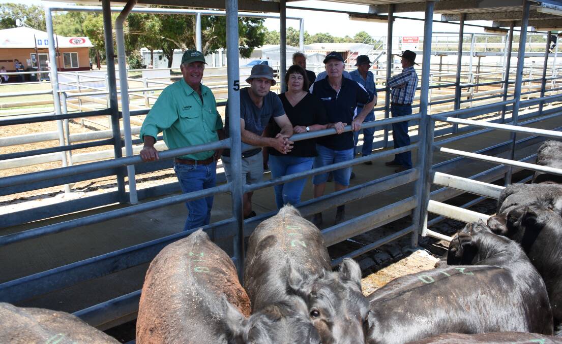 The Bairstow family, Arizona Farms, Lake Grace, were the biggest vendors in the sale selling 458 steers to a top of $1799. Looking over one of the family's pens before the sale got under way were Nutrien Livestock, southern manager Bob Pumphrey (left) and Luke, Karen and Noel Bairstow.