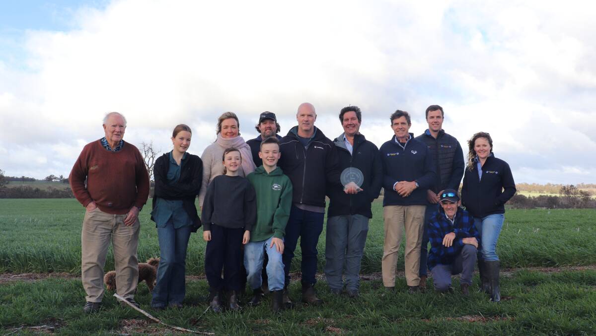  The faces behind the Caldwell farm success: Father Anthony Caldwell (left), 13-year-old Lillianne Caldwell, wife Dana Caldwell, Selina Caldwell (7), farm worker Ben Mead, Angus Caldwell (11), Charles Caldwell, Kojonup and Boyup Brook Agricultural Supplies company partner and senior agronomist Alec Smith, company partner Ned Capper and agronomists Corey Taylor, David Lane and Holly Chandler. 