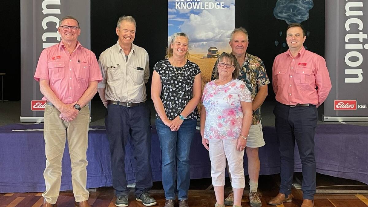 Elders Real Estate specialist Rob Johnstone (left), Esperance, with successful buyers James and Natalie Mollett, vendors Deidre and Doug Bray and Elders Real Estate senior rural real estate executive Simon Cheetham.
