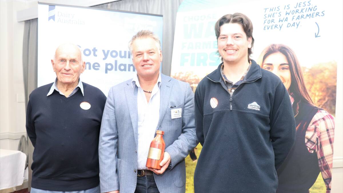 David Partridge (left), who has his own Milk Bottle Award, son Michael who received his at the WAFarmers dairy council conference and grandson Harrison who is at university but plans to run White Rocks, Benger, eventually.