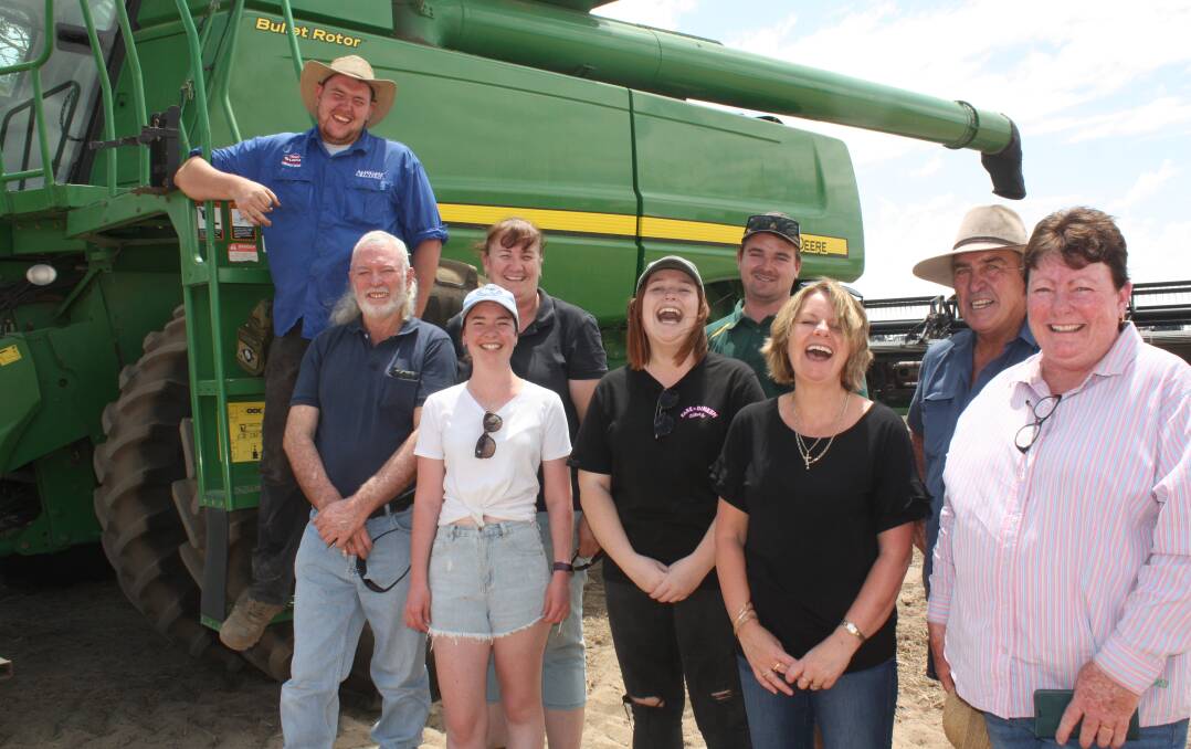 It was a bitter-sweet day for the Brennan clan as they finalised their clearing sale last week to move on to "new pastures". From left, Sean Brennan, his father Peter and mother Catherine and sister Alycia; sister and brother Clare and Josh with their mother Karen Brennan and Mark and Rosie King, who is Peter's sister. The John Deere 9870 header was passed-in with no bids but they were still negotiating with interested parties as Farm Weekly went to press.