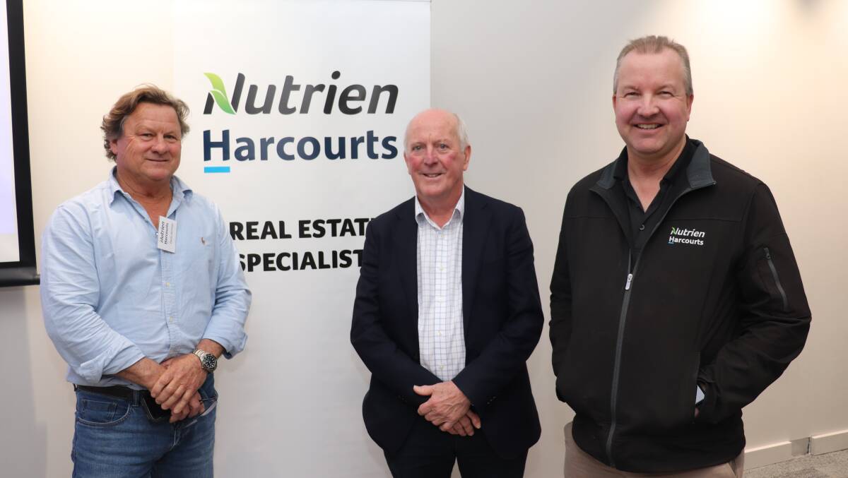 Nutrien Harcourts WA representative David Jannings (left), Cowaramup, chatted with WA Property Lawyers director Brian McCormack and agent Paul Thomason, Esperance.