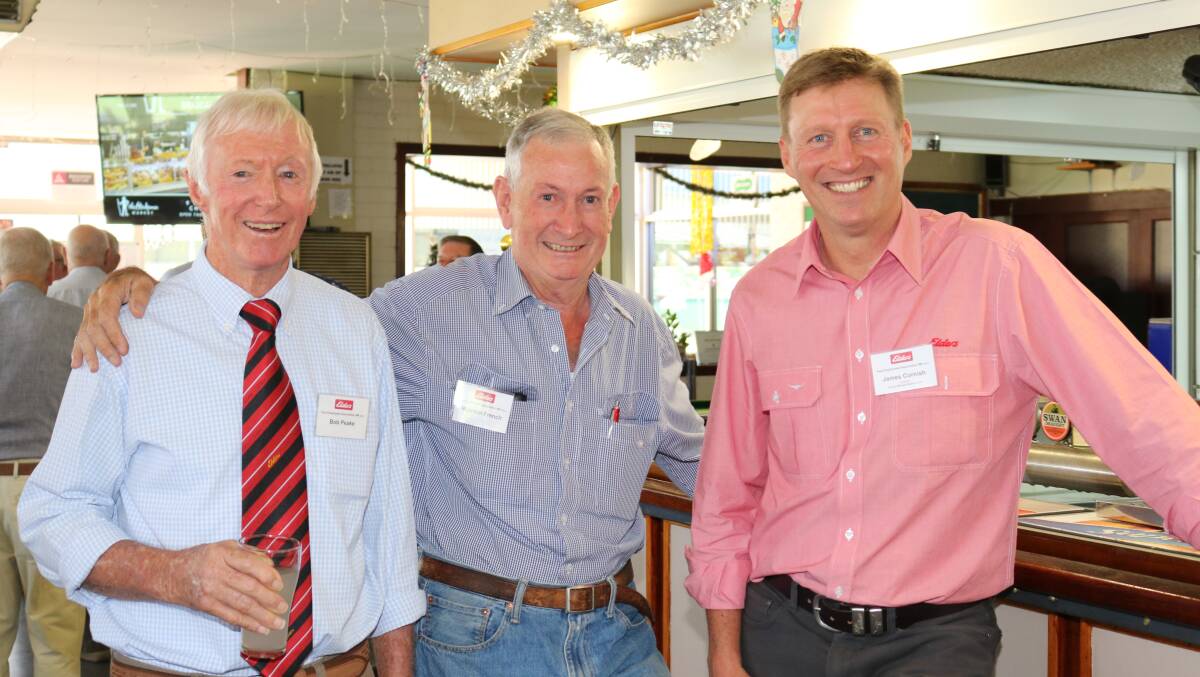 Elders Past Employees Association WA (Inc) chairman Bob Peake (left) with Malcolm French and general manager network and northern zone James Cornish, Adelaide, South Australia.