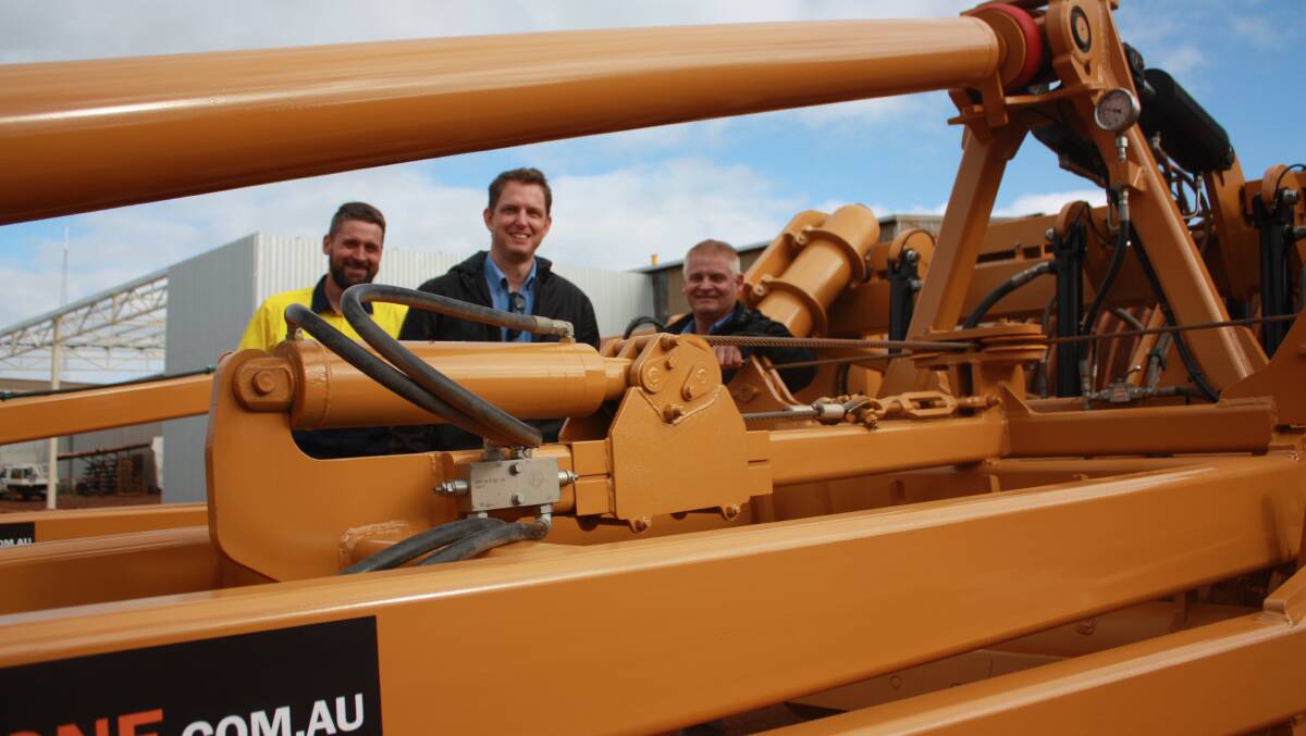 Cutts Engineering general manager Kyle Cutts (left), Rocks Gone chief mechanical design engineer Shane Long and Rocks Gone managing director Tim Pannell check out the prototype H4 Reefinator which will be unveiled at next week's Dowerin GWN7 Machinery Field Days. More than two years of research and development went into developing the new model.