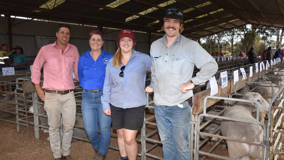 Elders, Darkan agent Mitch Clarke (left), with Glenbrook co-principal Jacquie South and buyers Lauren and Michael South, Duncan P South & Co, Darkan, after last weeks Glenbrook White Suffolk ram sale at Darkan. In the sale Mr Clarke was a volume buyer buying 35 rams for two accounts while Lauren and Michael South werent far behind purchasing 16 rams at an average of $859 for their familys sheep enterprise.