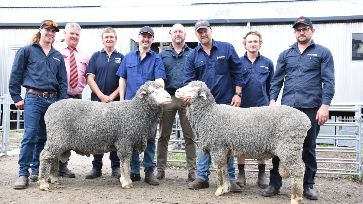With the $6800 top-priced and $6750 second top-priced rams at last week's Westerdale on-property Poll Merino ram sale at McAlinden, purchased by Rhodes Pastoral Pty Ltd, Boyup Brook, were Chris Hewton (left), Rhodes Pastoral Pty Ltd, Elders Darkan agent Wayne Peake, Westerdale principals Peter and Craig Jackson and Chris Rhodes, Phill Corker, Jack Wilson and Michael Potter, Rhodes Pastoral Pty Ltd.