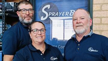 Jason (left) and Jo Orr together with Ray Gilham, also sales manager with Farmscan, at the Geraldton-based SprayerBarn WA business.
