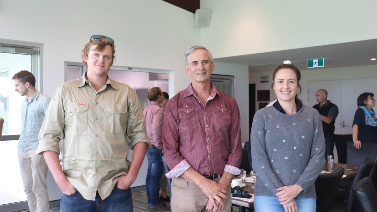 Benger dairy farmer Mason Norton (left), WAFarmers dairy section president Ian Noakes and Western Dairy regional extension officer Jess Andony at the Harvey Regional Roundabout.