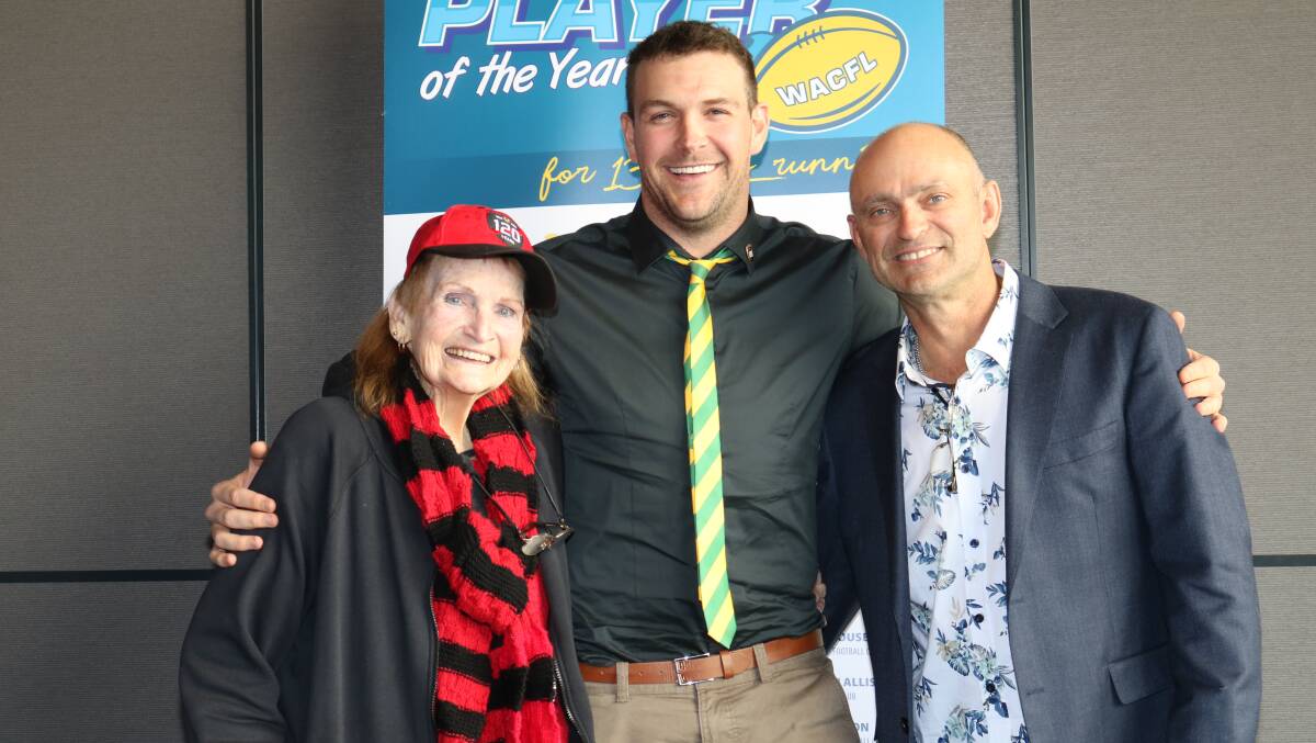 West Coast Polys player of the year was Dampier Sharks premiership player, Guy Langdon (centre), Dampier, with his number one supporter Shirley Simpson, Dampier and West Coast Poly director Stephen Thompson.