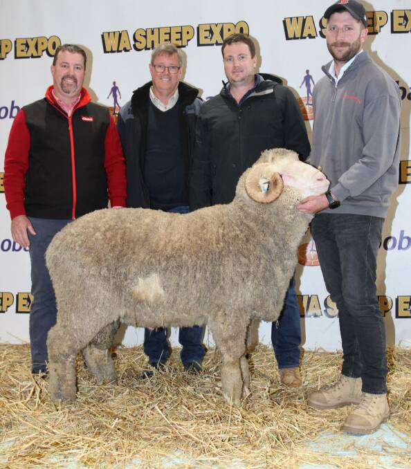 With the Quailerup West March shorn Merino ram that sold for $9500 were Quailerup West stud classer Nathan King (left), Elders stud stock, buyers Frank and Brendan Maher, Rockdale Valley stud, Muntadgin and Quailerup West stud co-principal Todd Mullan, Wickepin.