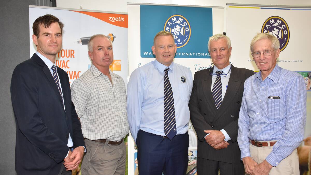 Discussing WAMMCO's results of the past 12 months at last week's annual general meeting were outgoing director Hamish Thorn (left), Kojonup, newly elected director Tom Lynch, Hyden, WAMMCO chief executive Coll MacRury, WAMMCO chairman Craig Heggaton, Kojonup and former chairman Dawson Bradford, Popanyinning, who retired from the board in June.