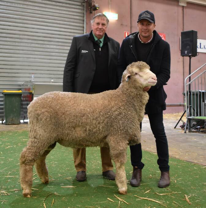 This March shorn Poll Merino ram from the East Mundalla stud, Tarin Rock, sold privately at last weeks Australian Sheep & Wool Show at Bendigo, Victoria, for $15,000 to the Glenpaen stud, Brimpaen, Victoria. With the ram were Stephen Chalmers (left), Nutrien Ag Solutions, Kerang, Victoria and buyer Rod Miller, Glenpaen stud.