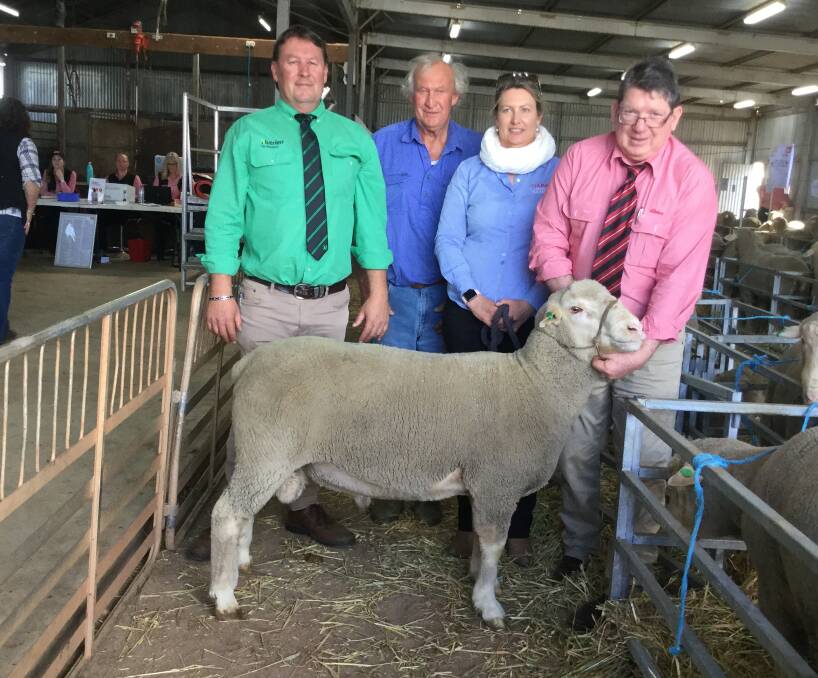  With the first ram to sell for the $2800 top price at last week's Tiarri on-property Prime SAMM ram sale at Lake Grace to the Cobley family, R & R Cobley & Son, Walkaway, were Nutrien Livestrock Breeding representative Roy Addis (left), Tiarri principals Ross Taylor and Kelly-Anne Gooch and Elders stud stock representative Michael O'Neill. The Cobleys also paid $2800 for a second ram later in the sale.