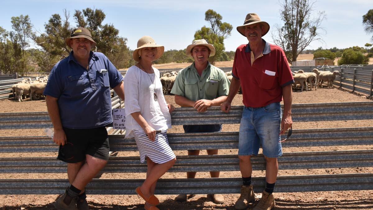  Ewe buyers Peter (left) and Deanne Caldwell, Walyamming Farms, Nyabing, with Troy Hornby, Landmark Kojonup, and vendor David Kinsey who sold both lines of mated Prime SAMMs for $150 at last week's clearing sale at Broomehill.
