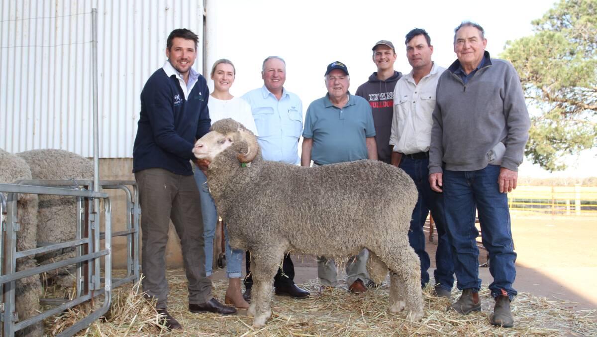 Three generations of the Dewar and Marsh families with the $7000 top-priced April shorn ram purchased by the Marsh family, Warrens Creek stud, Kojonup - Lachlan (left), Isabella, Craig and Gavin Dewar, Woodyarrup stud and Mitchell, Anthony and Greg Marsh, Warrens Creek stud.