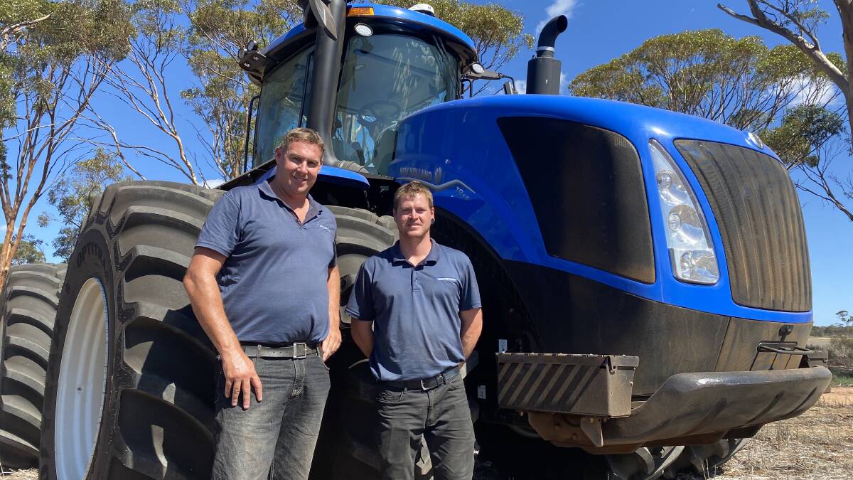 Recently-appointed McIntosh & Son, Northern group sales manager Cayden Catto (left) and Craig Lowden, McIntosh & Son, Moora sales, at a recent demonstration day at Moora for the New Holland T8 & T9 release with PLM Intelligence.