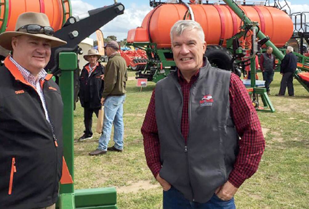 Ausplow general manager Chris Farmer (left) with Stewart Harrison at the 2019 GWN7 Dowerin Machinery Field Days. Mr Harrison has attended more than 40 Dowerin Machinery Field Days throughout his career.