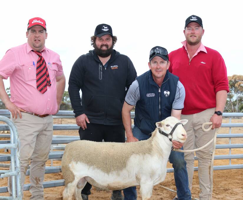 Ellen Walker and Andrew de Gruchy, Warranine Park, Brookton, bought the top-priced Cheetara ram, paying $3300 for a White Suffolk. They are pictured with daughters Matilda, 1, and Zoe, 3, Elders Narembeen branch manager Colin Olgivie, Cheetara stud principal Nick Cheetham and Elders Narembeen livestock representative James King.