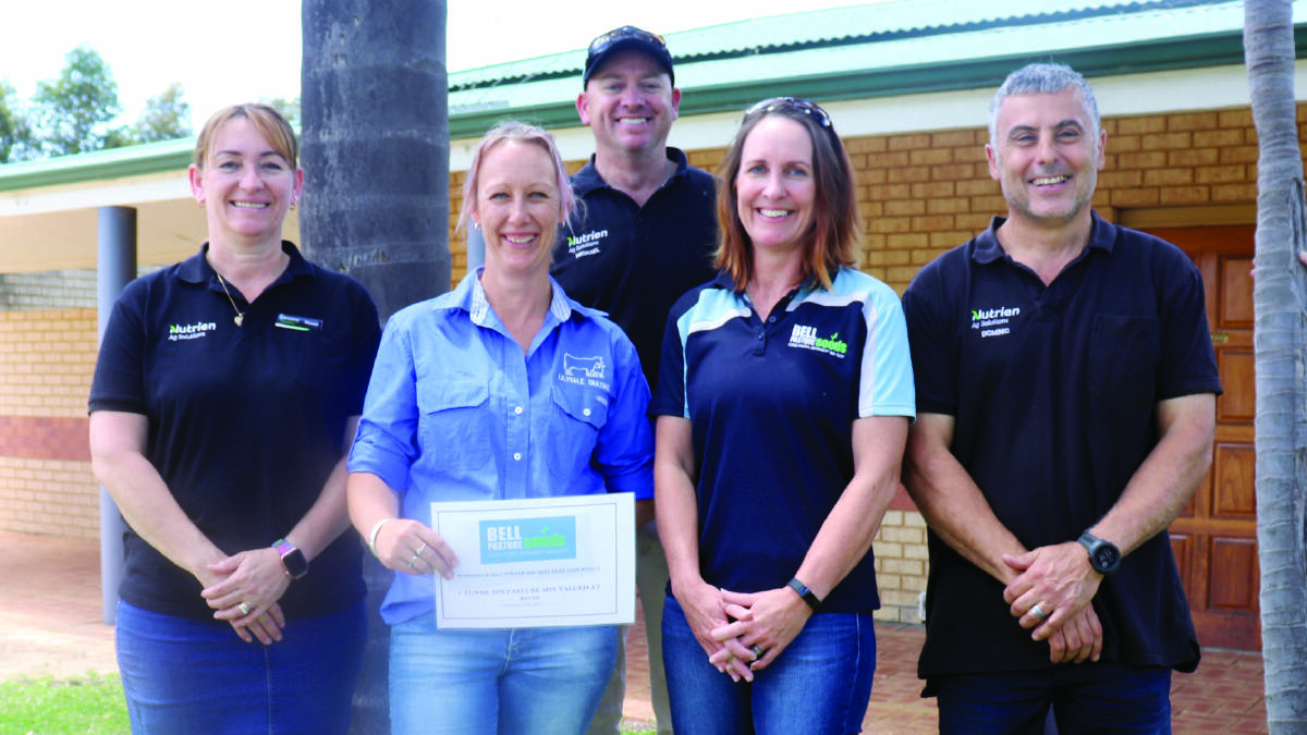 Naomi Pinzone (left), Michael Needs (back) and Dominic Pinzone (right) from Waroona Rural Services with the category one winner of their inaugural hay competition, Kelly Kielman, Lilyvale Grazing, Meelon (with certificate) and Kerri Gibbs from Bell Pasture Seeds, Elgin.