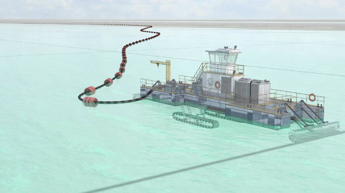 A drawing of the wet harvester dredge Agrimin Ltd plans to use to pump a concentrated potassium and sulphur slurry onshore from solar evaporation ponds proposed on Lake Mackay, a salt lake on the Western Australian-Northern Territory border, to be processed into Sulphate of Potash fertiliser. An environmental impact assessment for the project is on public exhibition for comment until the end of the month.